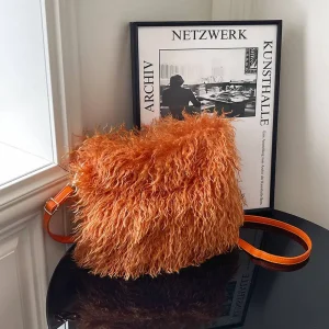 Faux Fur Square Shoulder Crossbody Bag for Women Handbag Fluffy Plush Soft Casual Clutch Fall Purse Hobo Bag Adjustable small