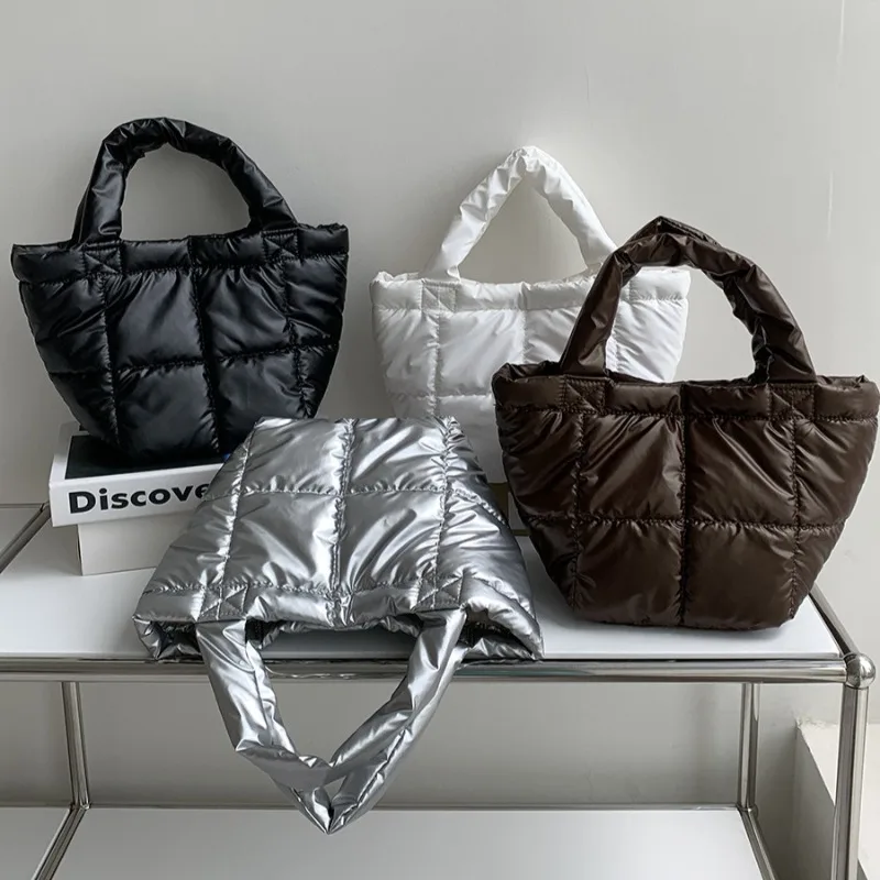 Winter Down Tote Bag for Women Puffer Handbag Trendy Chic Puffy Top Handle Bag Quilted Padded Shoulder Designer Shopper Bag - Image 3