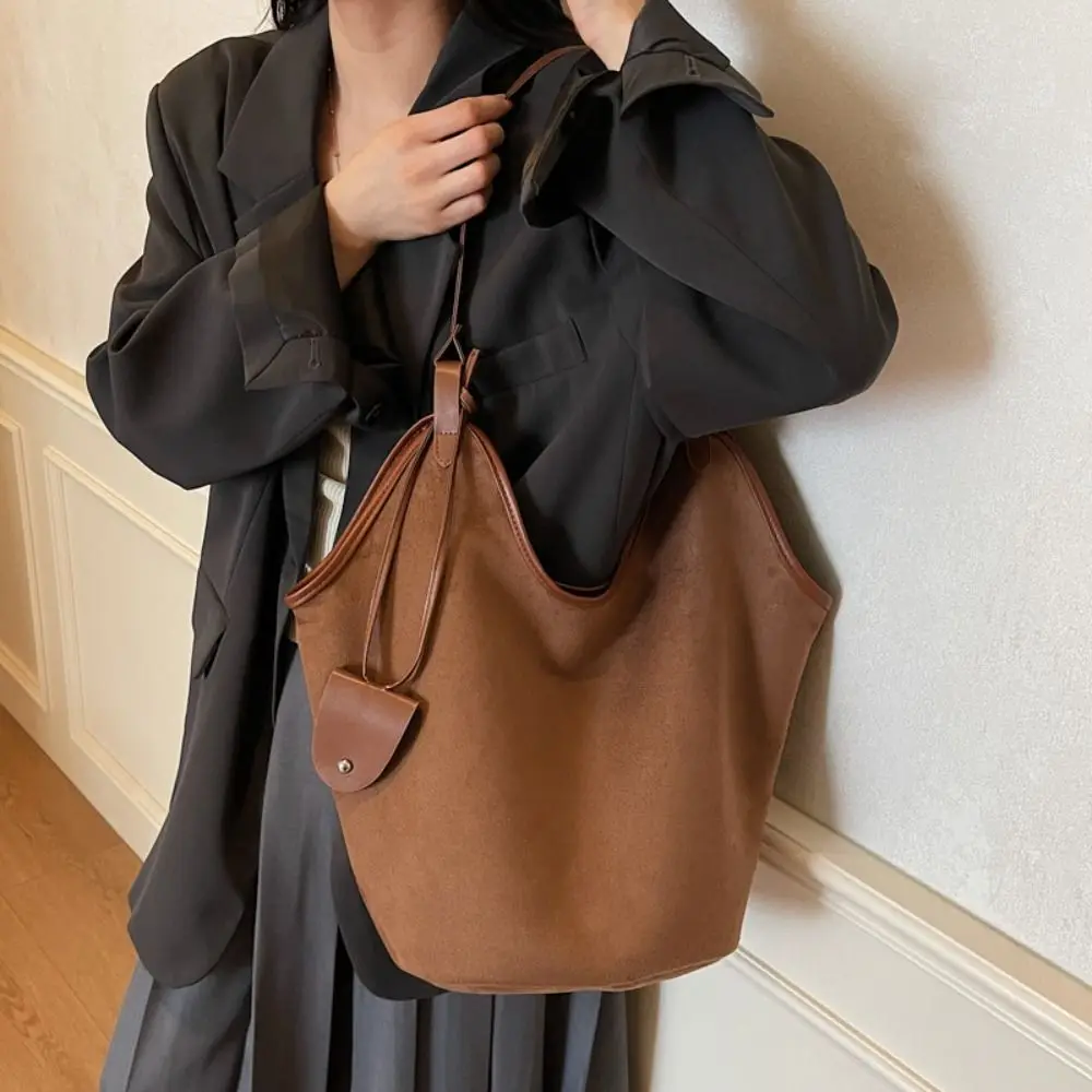 Casual Large Capacity Suede Shoulder Bag Solid Color Fashion Ladies Tote Bag Retro Korean Style Brown Handbag Shopping - Image 4