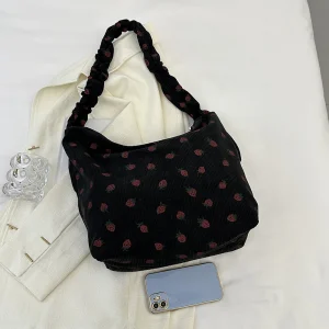 Women Strawberry Pattern Tote Bag with Ruched Strap Strawberry Pattern Satchel Bag Corduroy Large Capacity Ladies Dating Bag