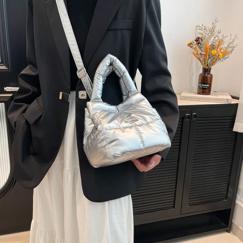 Winter Down Tote Bag for Women Puffer Handbag Trendy Chic Puffy Top Handle Bag Quilted Padded Shoulder Designer Shopper Bag - Image 2