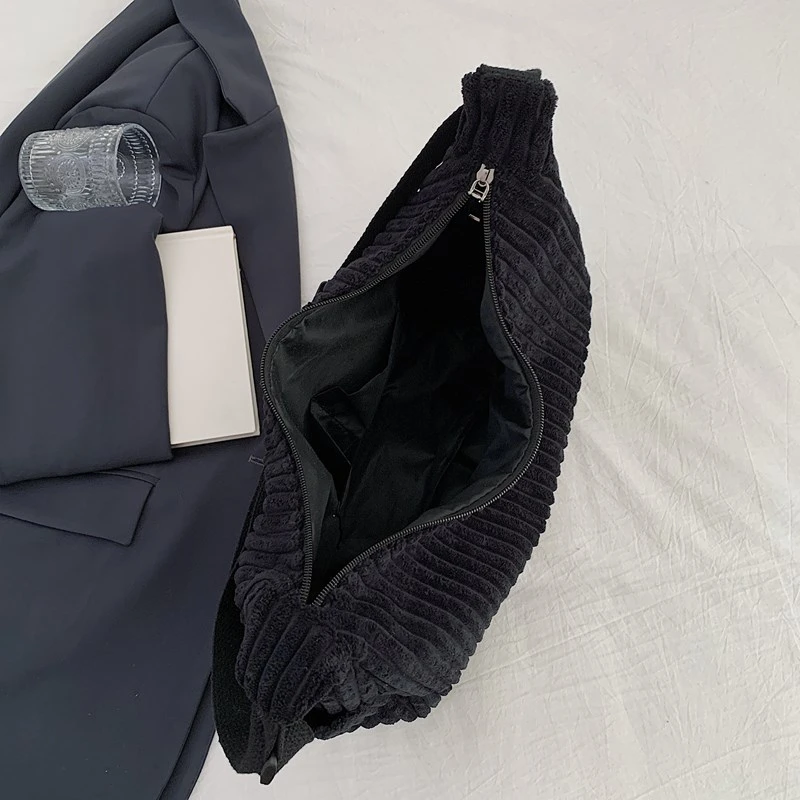 Fashion Leisure Soft Corduroy Solid Color Women's Shoulder Bag Large Capacity Zipper Female Crossbody Bag For Commute Outings - Image 4