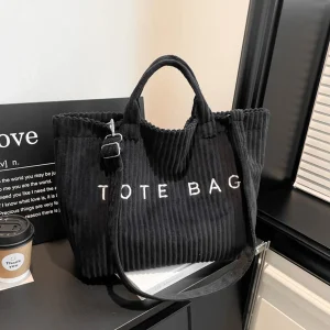 Minimalist Corduroy Striped Embroidered Letters Velcro Tote Bag Large Capacity Adjustable Strap Multifunction for Daily Commute