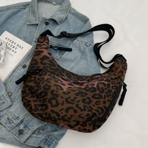Women Stylish Dumpling Bag Multi-pockets Leopard Print Hobo Sling Bag Adjustable Strap Crescent Crossbody Bag Simple Satchel Bag