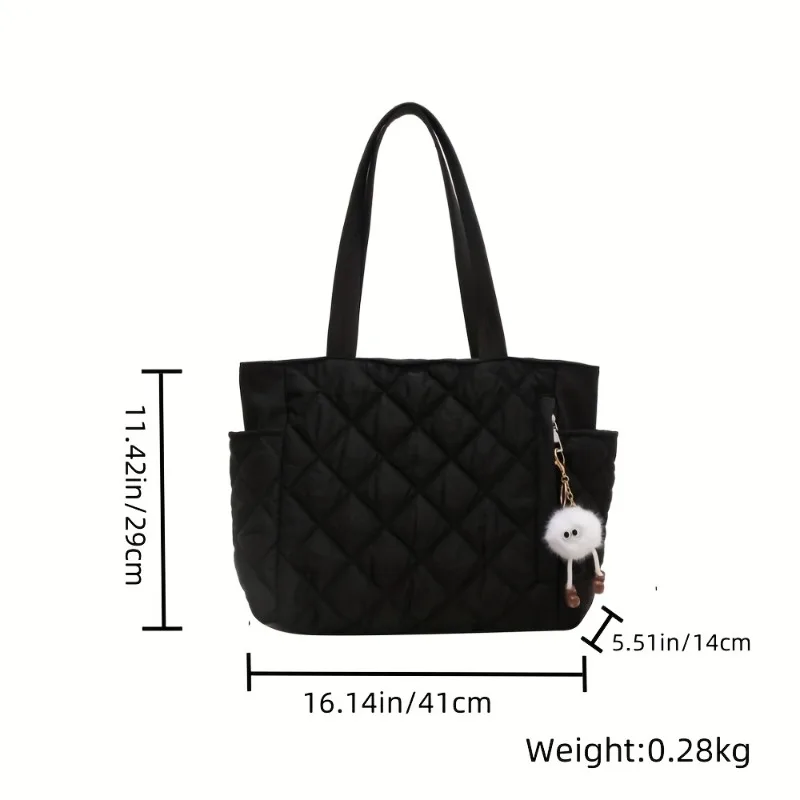 Black Quilted Large Lightweight Women's Tote Bag Adjustable Shoulder Strap, Keychain Charm, Zipper Closure for Commuting, Casual - Image 4